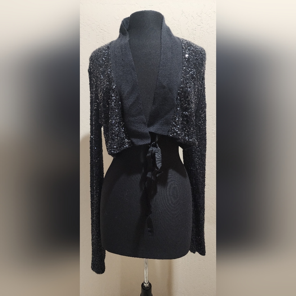 Donna Karen Cashmere Black Sequin Tie-Front Shrug Bolero Large